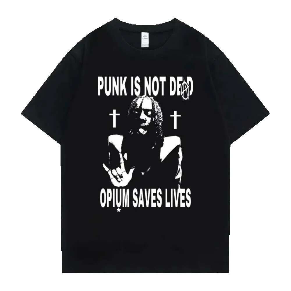 Hip Hop Oversized Playboi Carti Punk Is Not Ded um Saves Lives Print Tshirt Men Women Casual Loose T Shirt Men's Black Tees