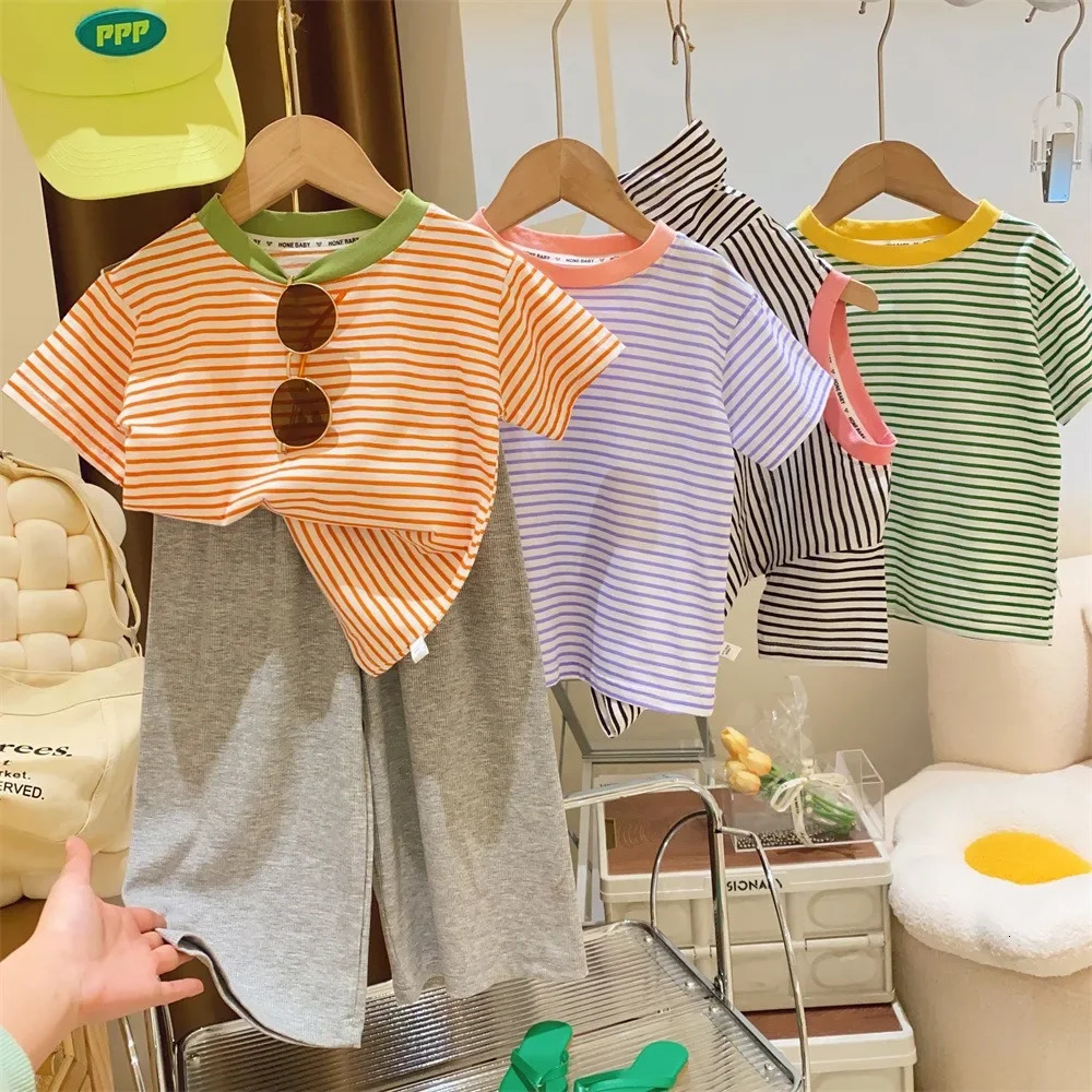 Childrens Short-Sleeved Boys Girls Summer Striped T-Shirt Baby Thin Section Half-Sleeved Bottoming Shirt Casual Wear 250407