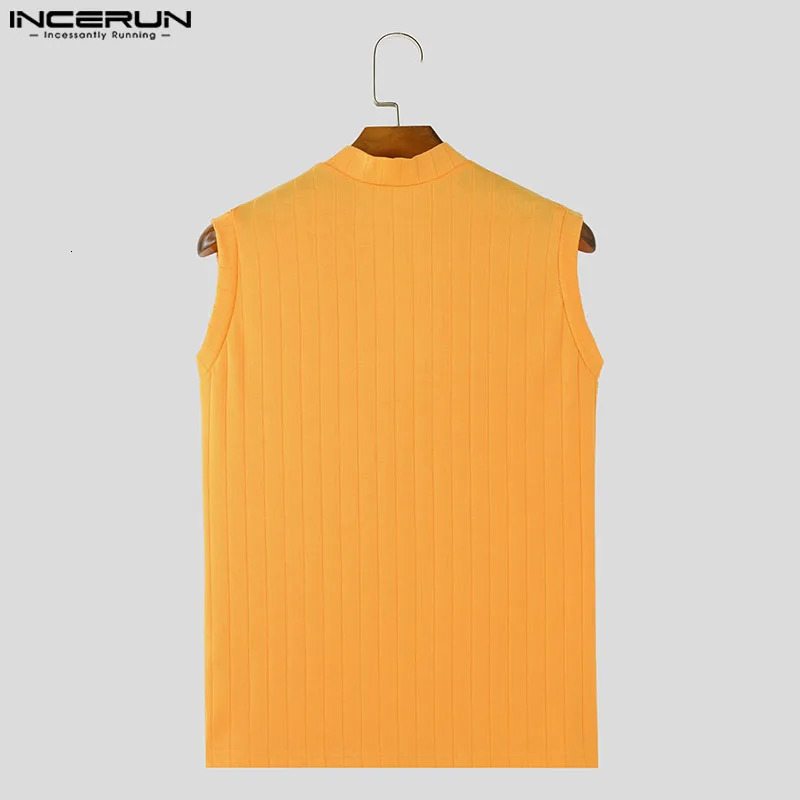 INCERUN Mens Tank Top Solid Color V-neck Sleeveless Hollow Knitted Mens Street Tank Top Fashion Casual Mens Wear 250403