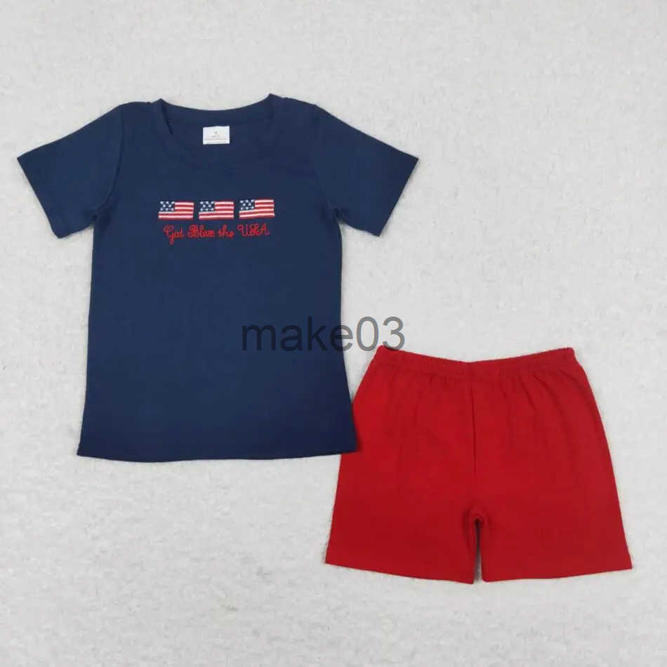 Summer Baby Boys God Blessing The USA Outfits Navy Blue Shorts Red Shirt Childrens Clothing Boutique Wholesale Set J250403