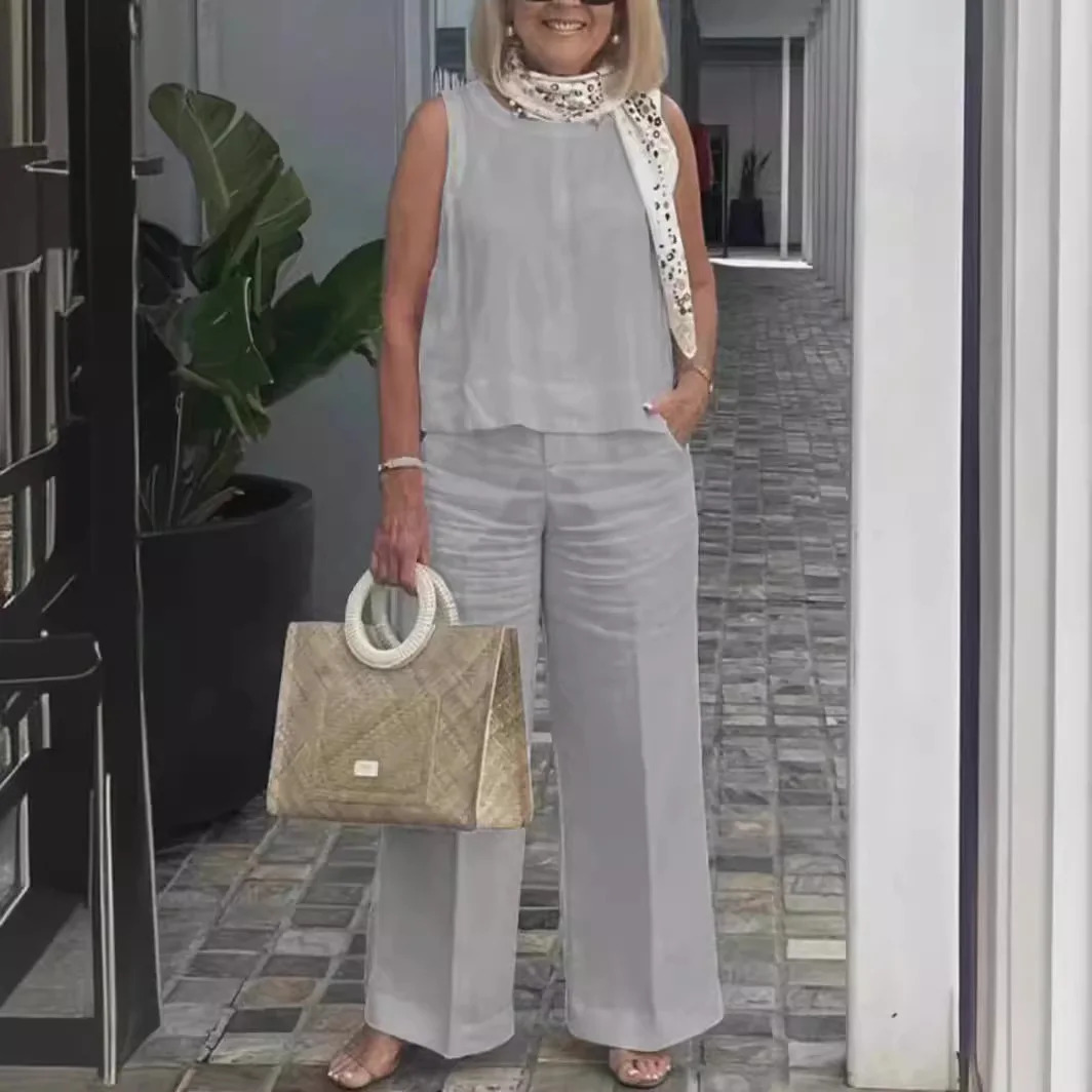 Cotton Linen Comfortable Two Piece Sets Women Outfits Summer Autumn Solid Casual Tops Pants 2 Set For Suit 250313