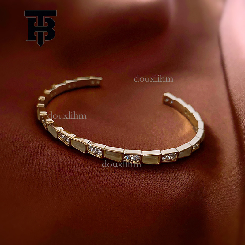 TB BHULAMTE Designer Luxury Gold - Tone Linked Oval Bracelet With Rhinestone Accents Sparkling Zircon Trapezoidal Opening Bracelet With Gold Style Fas