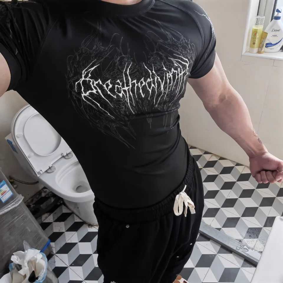 Breathedivity compression shirt short sleeved 2025 top muscle gym fitness black body shape display figure W250407