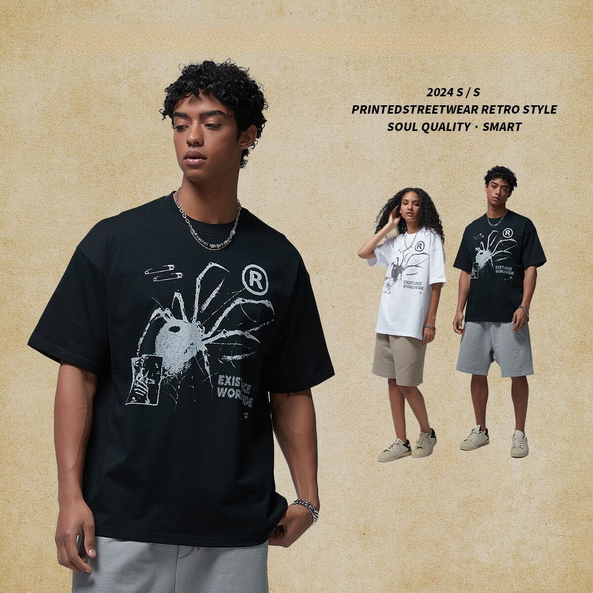 Wear | 2025 New Product Oversize Loose Printed T-shirt Men's American Trendy Brand Round Neck Short Sleeve T