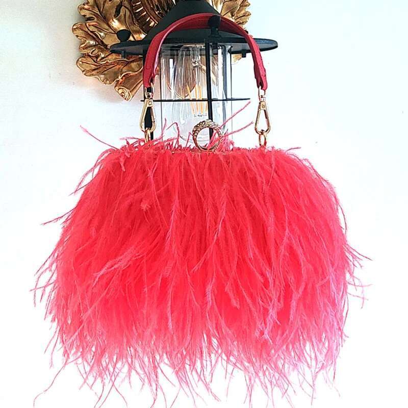 2023 New Ostrich Feather Party Evening Clutch Women Wedding Purses And Handbags Small Shoulder Chain Designer Bag