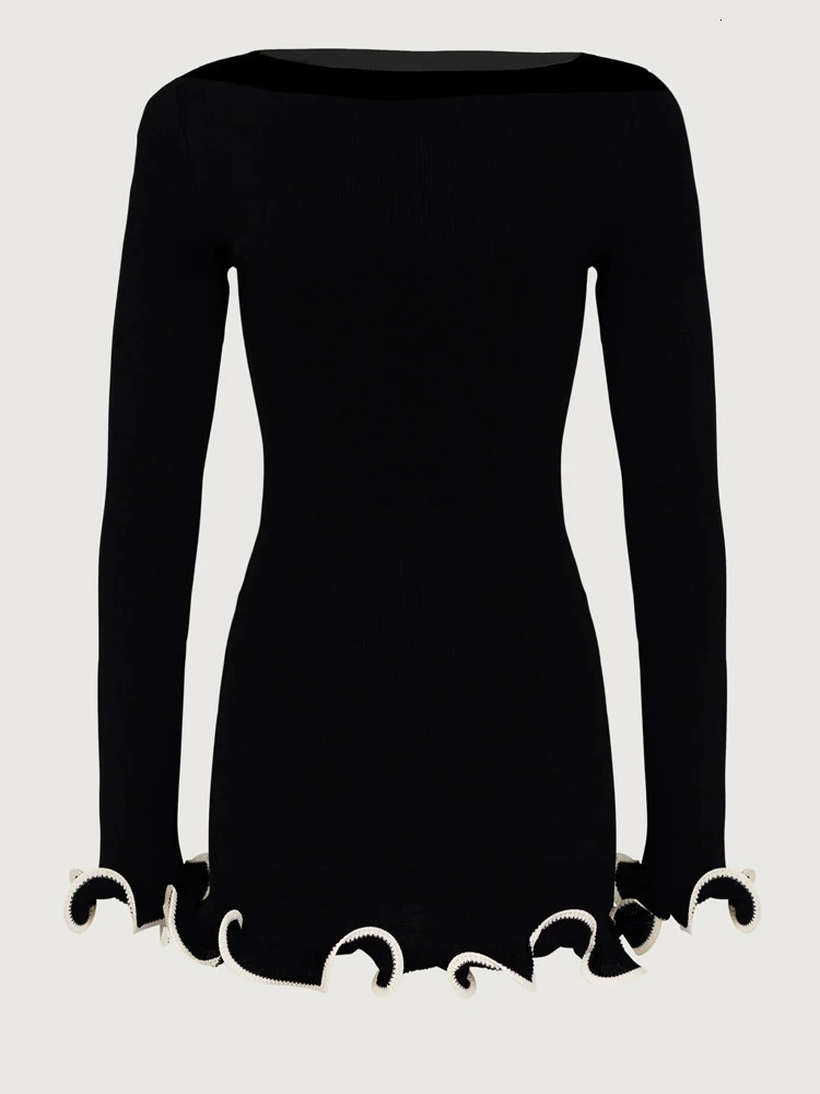 Womens Knitted Mini Dress with Ruffles Summer High Waist Elegant Ultra Thin Party Dress Splicing Work Knitted Sweater Womens Dress 250402