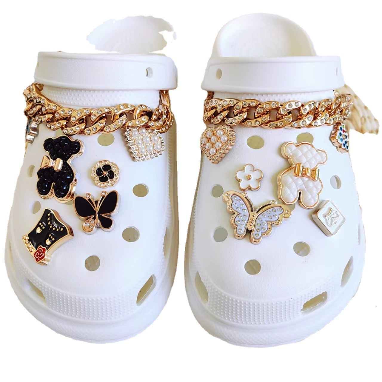 Ins TikTok New Hole Shoes DIY Decoration Black and White Bear Butterfly Set Chain Shoe Buckle Shoe Flower 240520