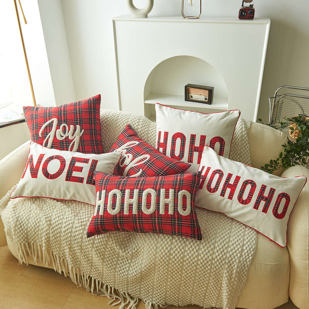 New Christmas Printed Red and Green Plaid Letter Embroidery Cushion Cover Home Fabric Pillowcase