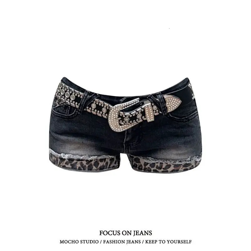 Women Emo Y2K Korean Streetwear Leopard Print Denim Mini Acubi Shorts Button Sexy Low Rise Short Trousers 2000s Alt Clothes 250407