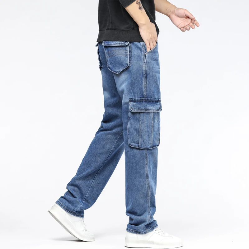 Blue pocket workwear jeans mens four season mid waist loose straight tube non elastic wearresistant 250401