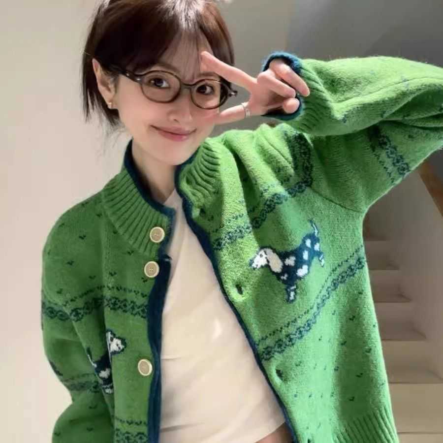 Christmas Green Sweater for Women 2025 Spring and Autumn Fair Isle Atmosphere Outfit Knitted Cardigan Coat W251107