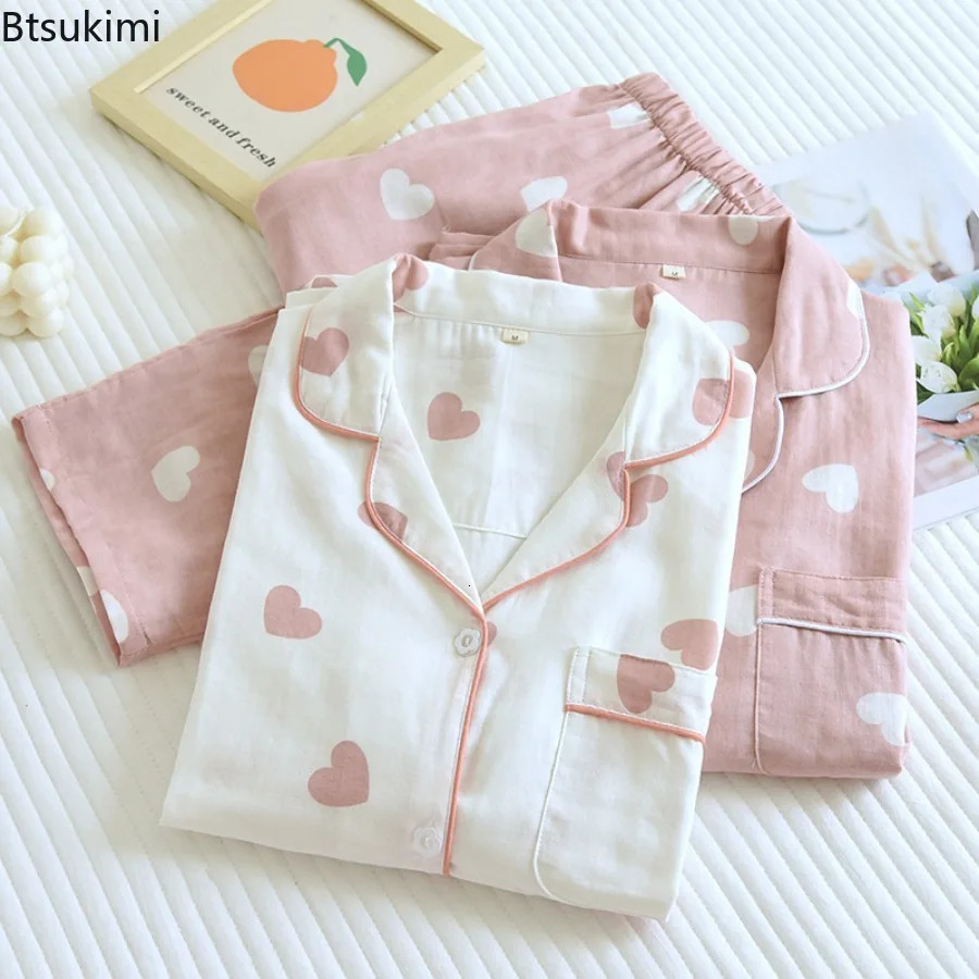 100% Cotton Gauze Pajamas for Women Love Heart Print Sweety Sleepwear Spring Autumn Nightwear 2 Piece Sets Women Loungewear 250402