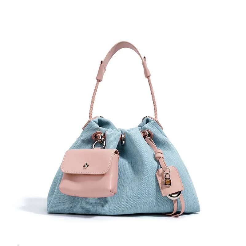 New Denim Handbag With Small Genuine Leather Niche Brand Drawstring Design High-End Fashion Simple Shoulder Messenger Bag