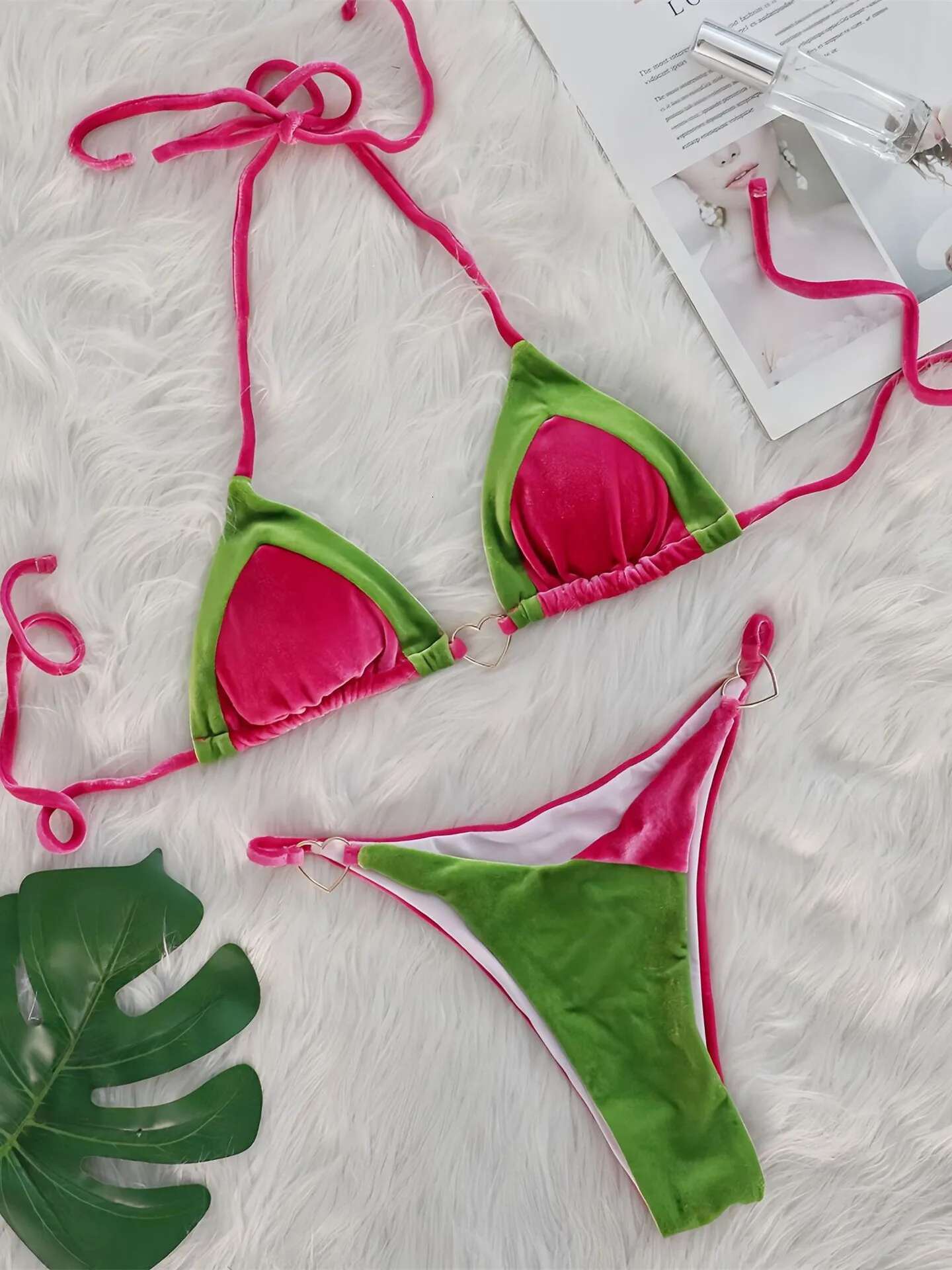 Dongdumaoyi Sexy Velvet Bikini Women Metal Heart Decoration Green Hot Pink Patchwork Push Up Micro Swimsui Bathing Suit Thong Swimwear
