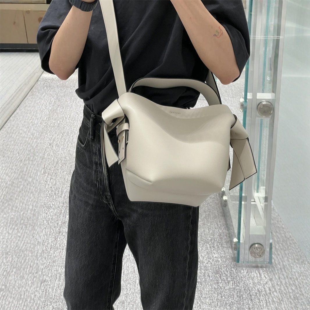 Swedish Niche AS Women's Cowhide Simple Bow Handbag Bucket Single Shoulder Crossbody Bag