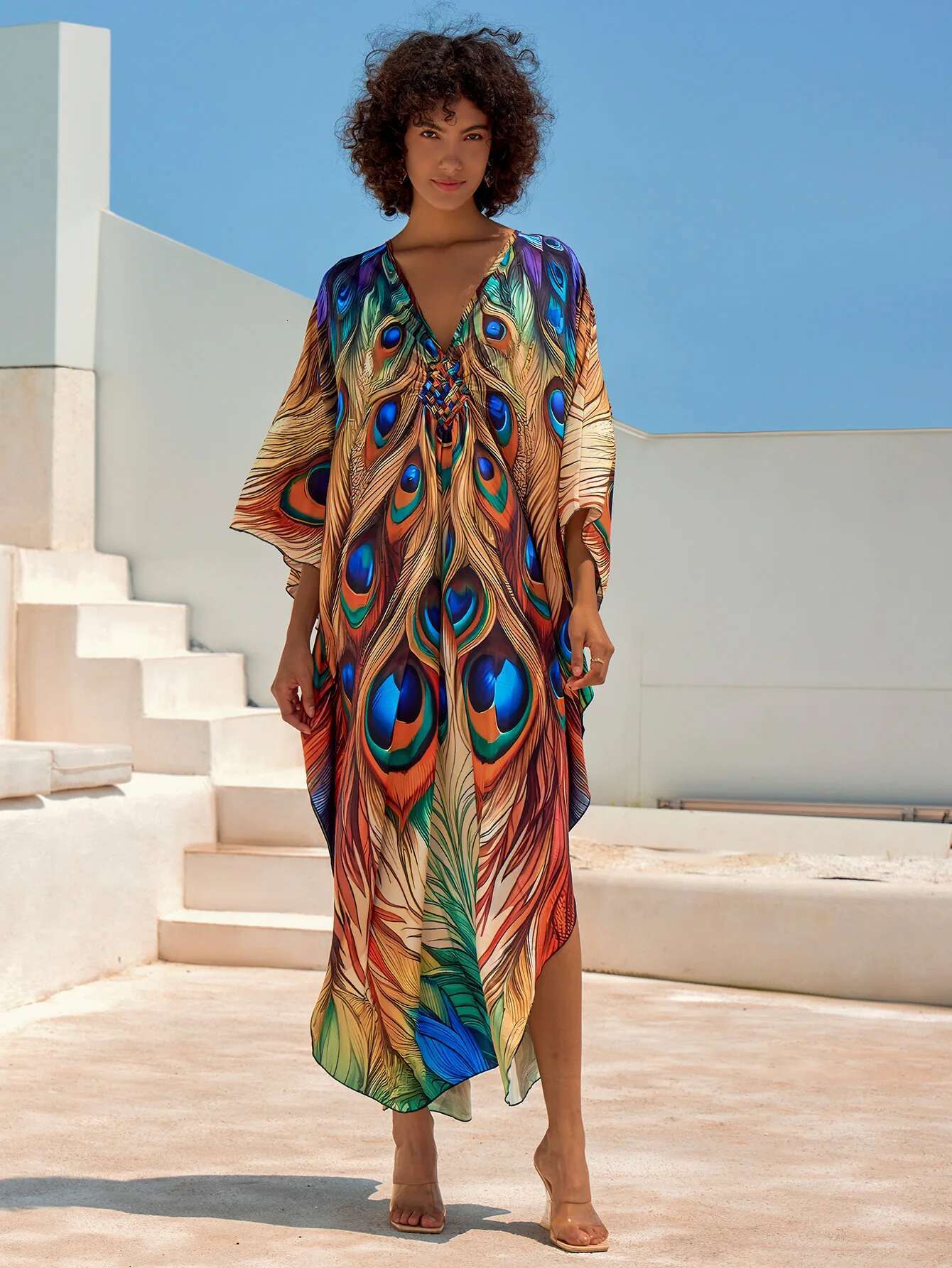 Dongdumaoyi Women S Maxi Dress Orange Peacock Feathers Print V Neck Long Sleeve Beach Cover Up Kaftan Robe Kimono Summer Vacation Wear