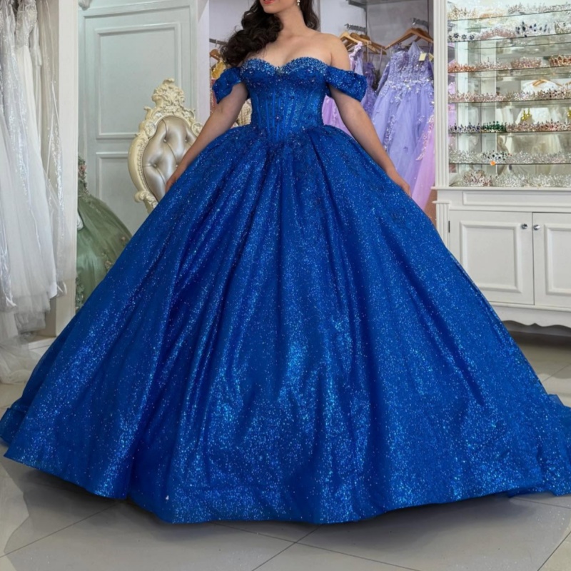 Royal Blue Shiny Princess Quinceanera Dresses Off Shoulder Beading Crystal Tull Corset Sweet 16 Dress Ball Gown Vestidos 15 Anos