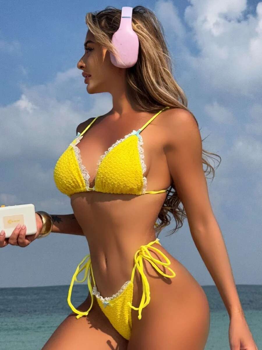 Dongdumaoyi Sexy Yellow Swimwear Woman Lace Patchwork Push Up Bra Tie Side Bow Thong Bikini Summer Bathing Suit Holiday Micro Swimsuit