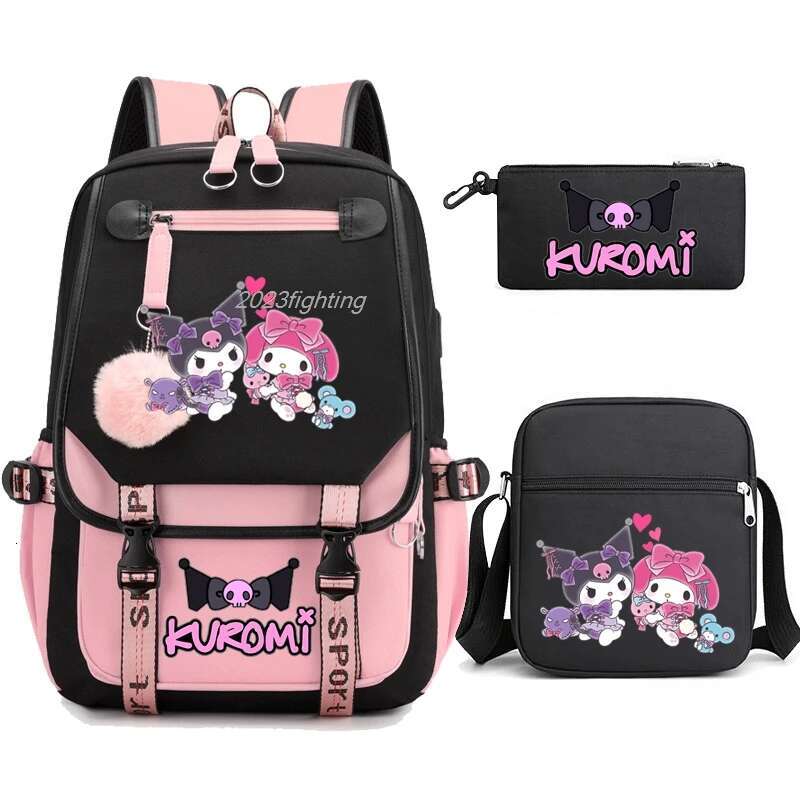 3Pcs Lovely Kuromi Melody Backpacks Women Men Patchwork Bookbag Sport Rucksack For Girl Bagpack Laptop Teens Travel Schoolbag