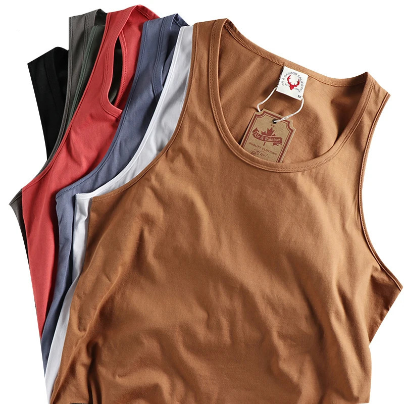 Summer American sleeveless O-neck solid color T-shirt mens fashion 100% pure cotton washing leisure sports fitness vest 250403