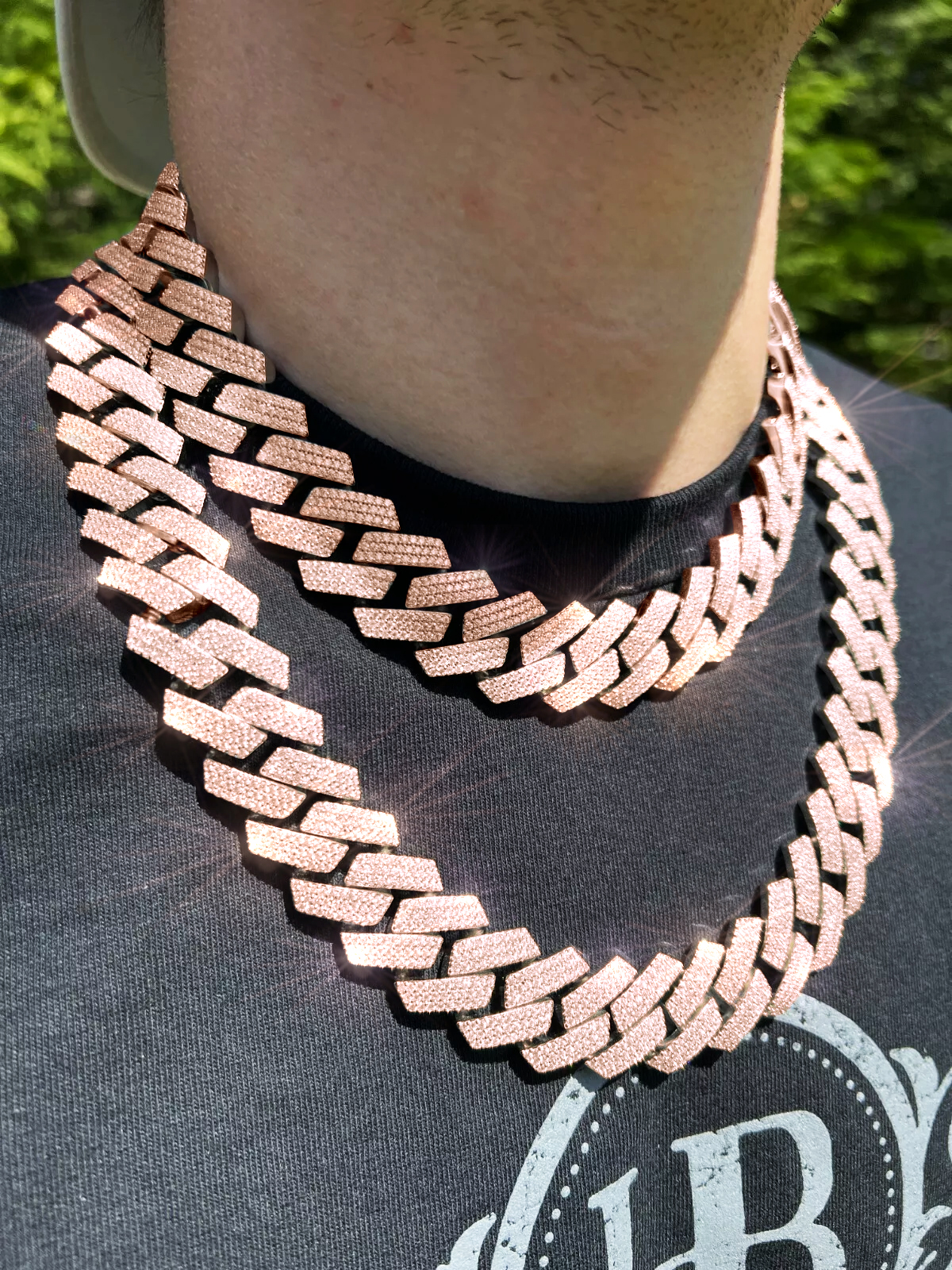 Sophisticated Men's 20mm Three Row Pendant Necklace Featuring Pass Dia Certified Moissanite Crystals & Cuban Style Chains