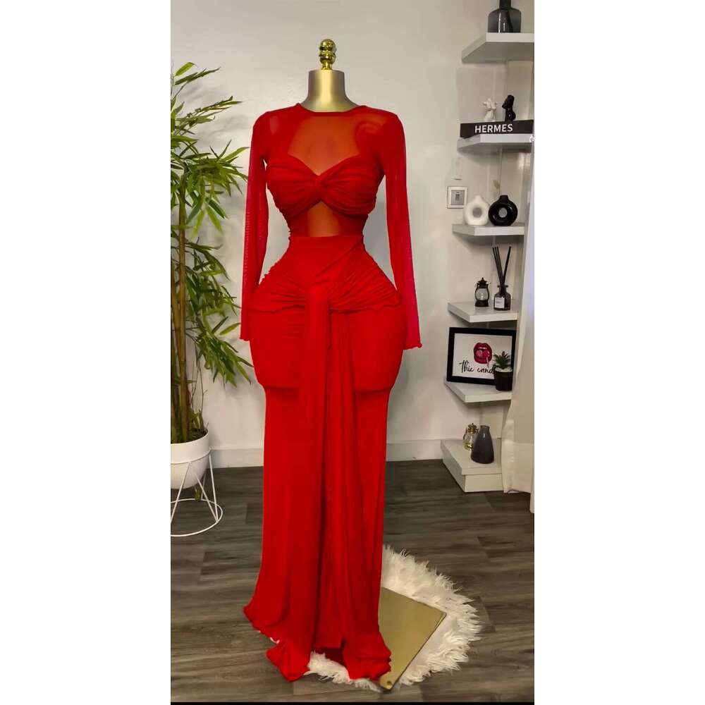 2025 Early Spring New Solid Color Sleeve Round Neck Bodycon Elegant Long Dress for Women