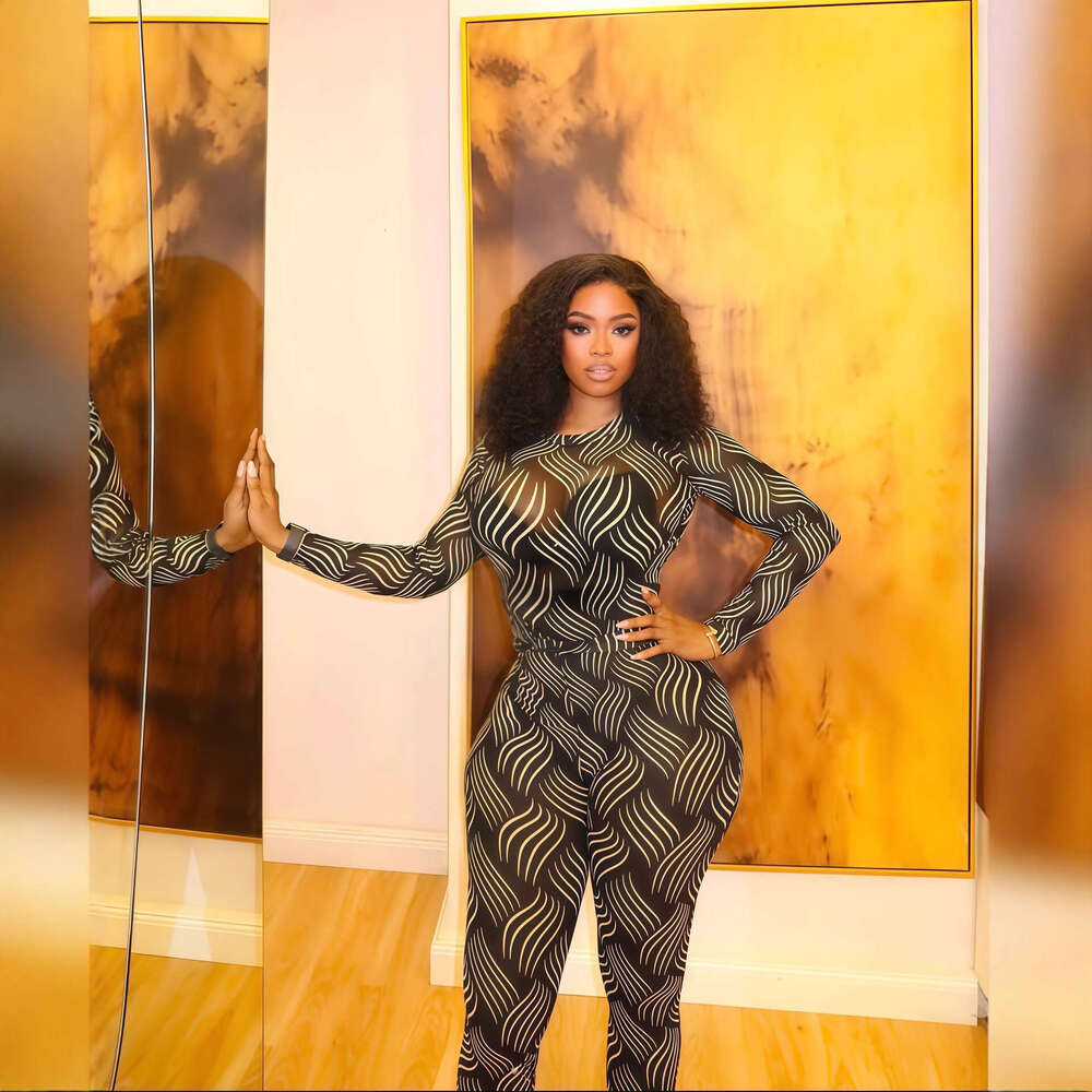 2025 Autumn New Sleeve Round Neck Printed Long Waist-Cinching Sexy Tight Pants Set for Women