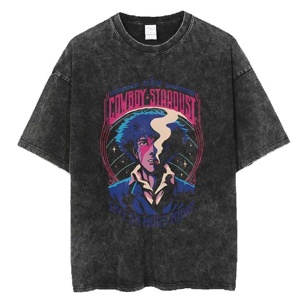 Anime hot denim Bebop pattern printed for men and women classic street Haruku men's top washed cotton cartoon T-shirt