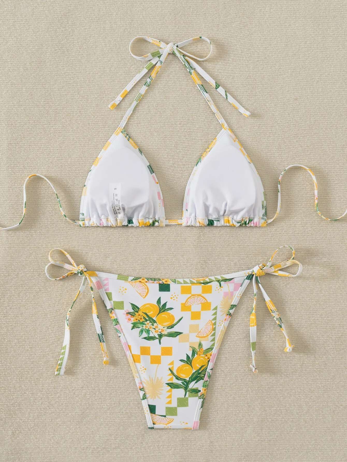 Dongdumaoyi Sexy Yellow Floral Print Bikini Set Women Halter Push Up Bra Thong Swimsuit Brazilian Beach Bathing Suit Micro Swimwear