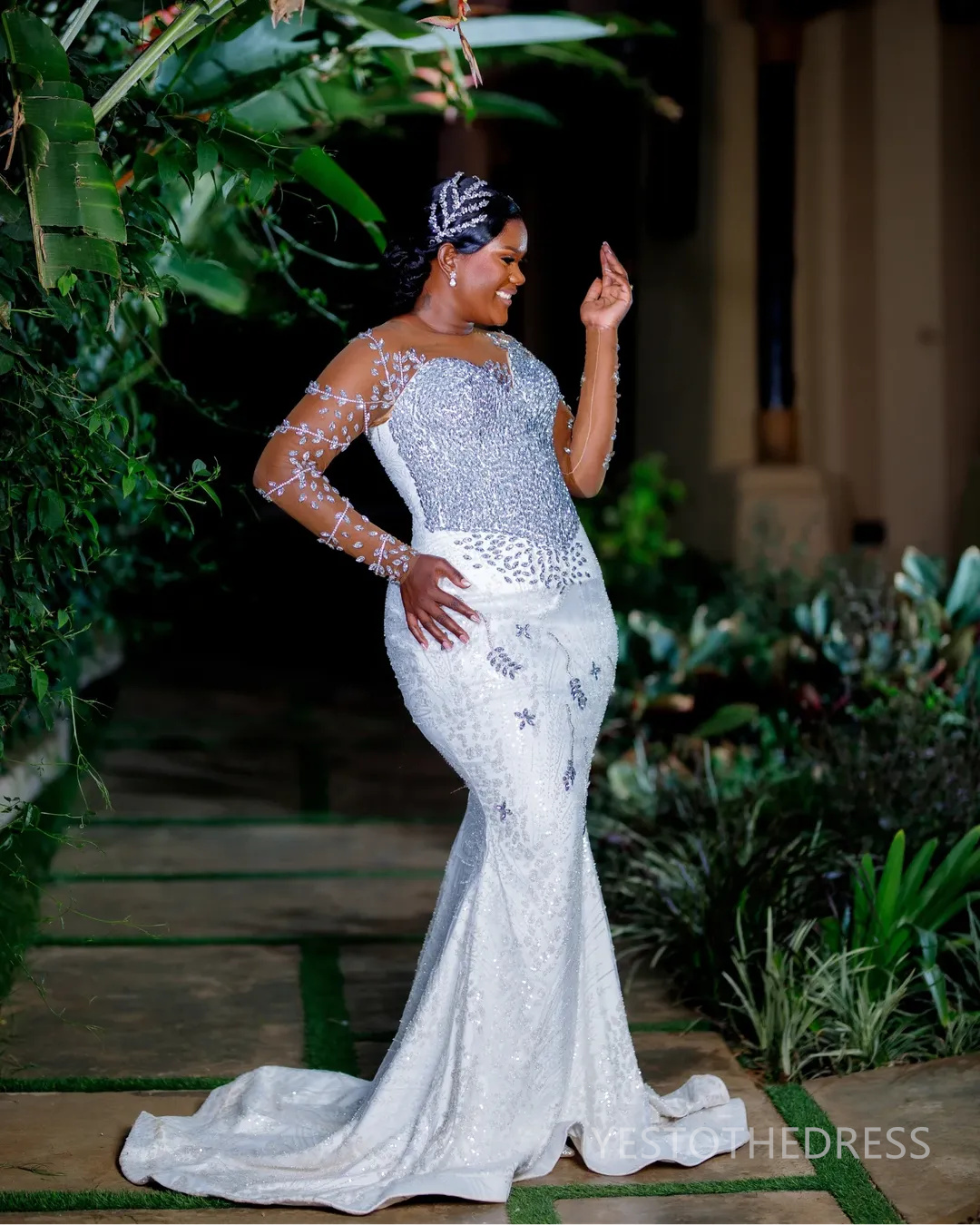 2025 Plus Size Mermaid Wedding Dress For Bride Bridal Gowns Detachable Train Long Sleeves Sheer Neck Beaded Lace Tiered Wedding Gowns For African Blac