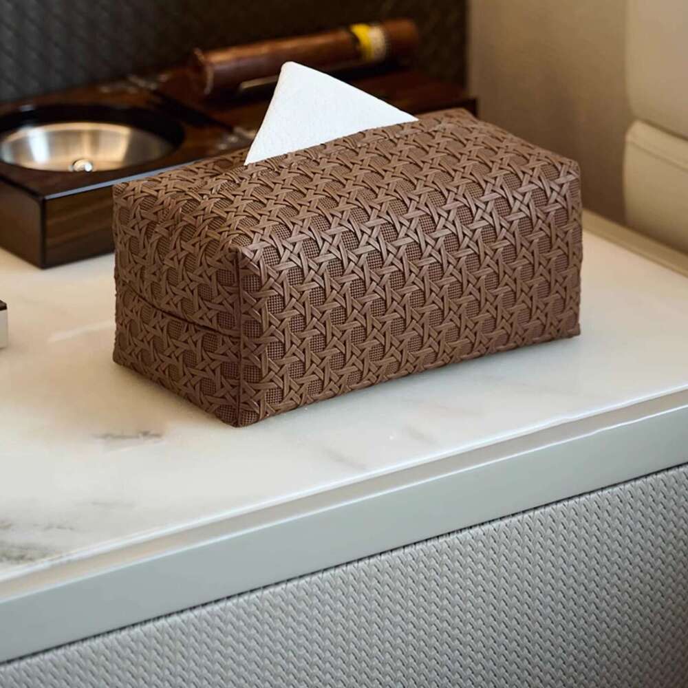 High-end Light Luxury Rattan Pattern Waterproof Leather Storage for Living Room Bedroom Car Large Capacity Tissue Box