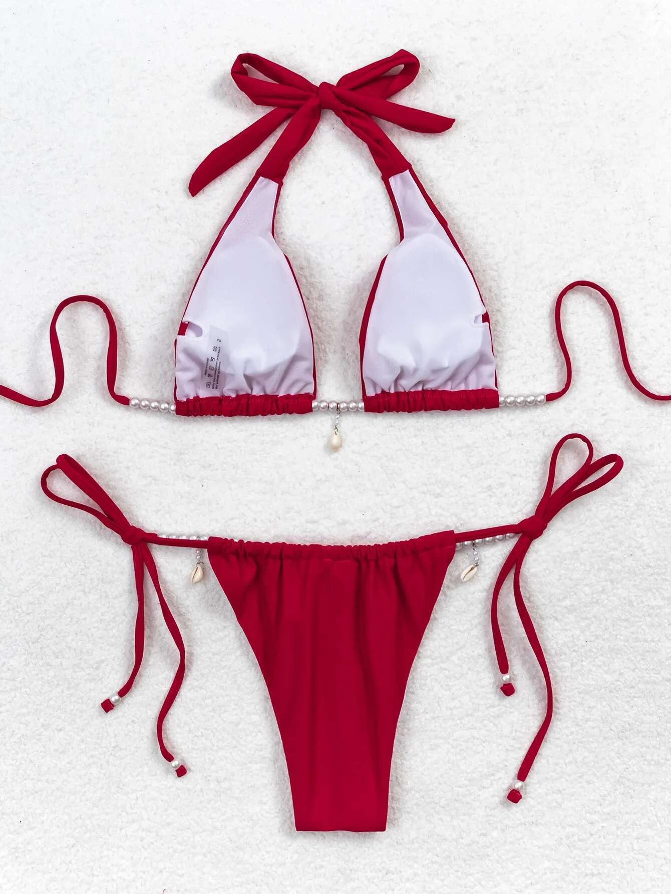Dongdumaoyi Luxury Pearl Shell Bikini Women Red Criss Cross Diamond Micro Swimsuit Bathing Suit Tie Side Triangle Swimwear Biquini