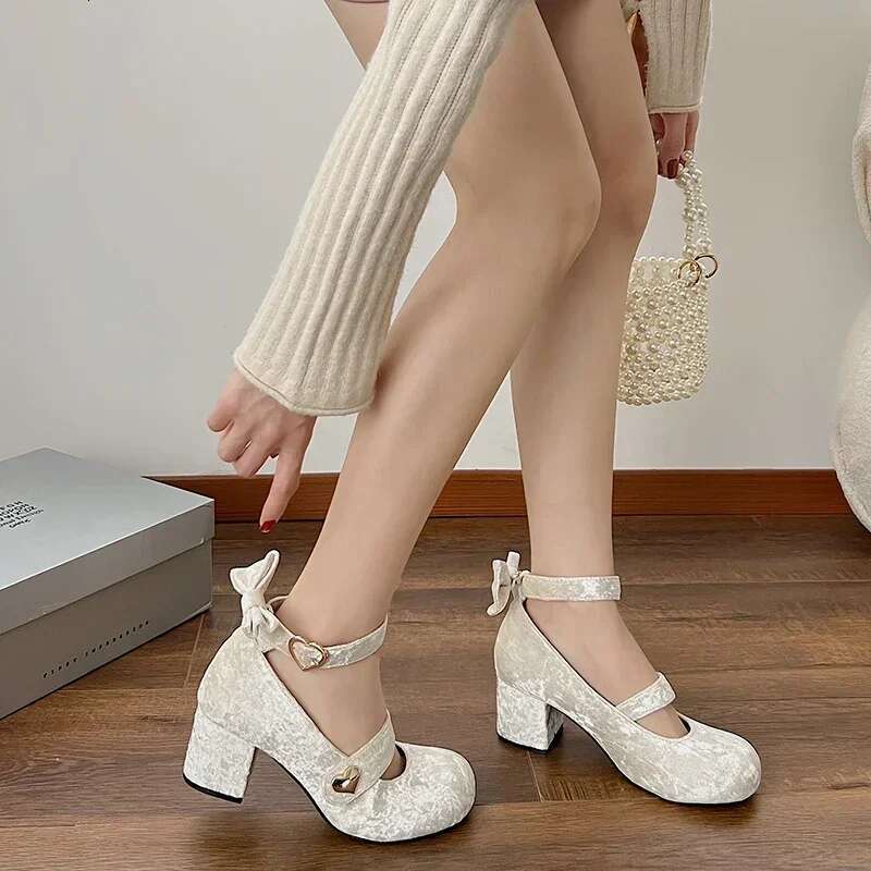 Bow Mary Jane Women Pumps Thick High Heels Female Lolita Square Toe Spring Fashion Party Leather Woman Shoes