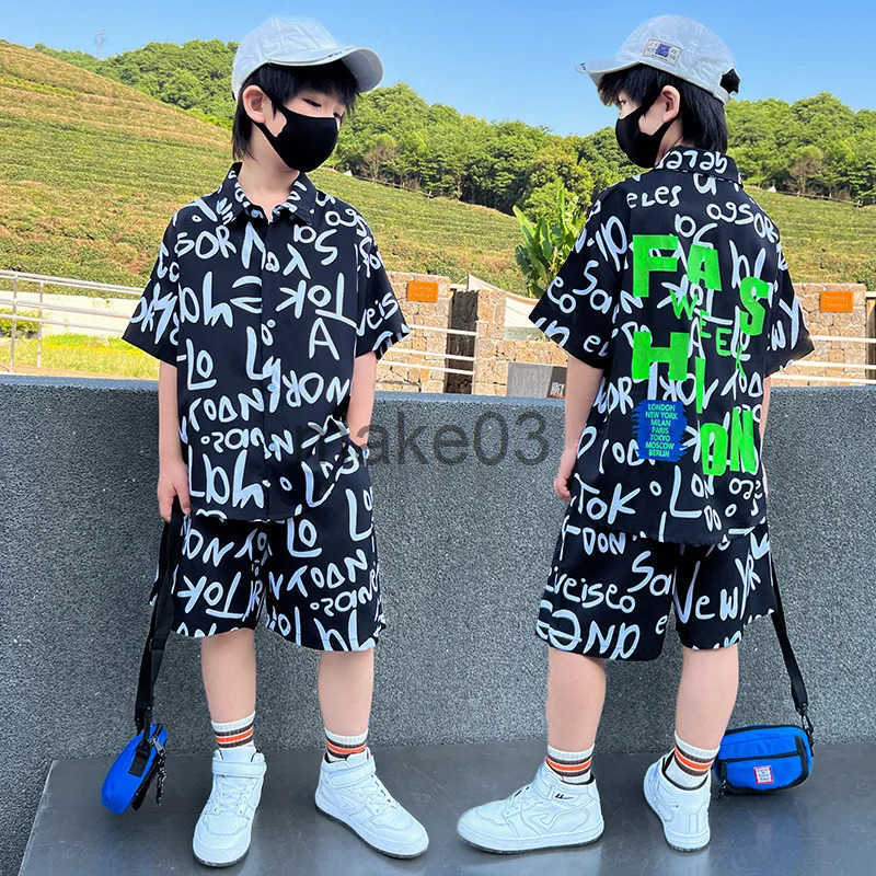 Summer set letter printed T-shirt+shorts 2 pieces sportswear youth boys party clothing 3-14 years J250403