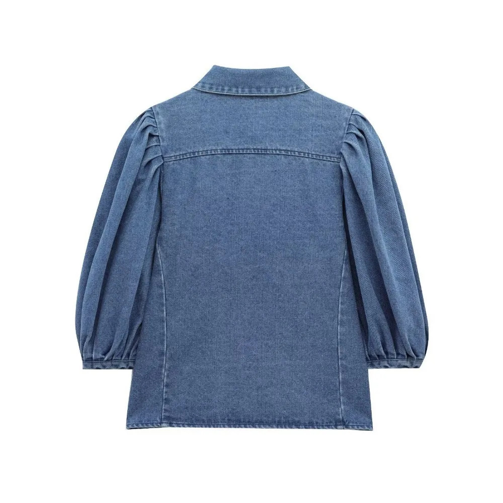 ZBZA Womens Denim Cut Shirt Retro Loose Collar Puff Sleeve Single Color SpringSummer Fashion Top 250407
