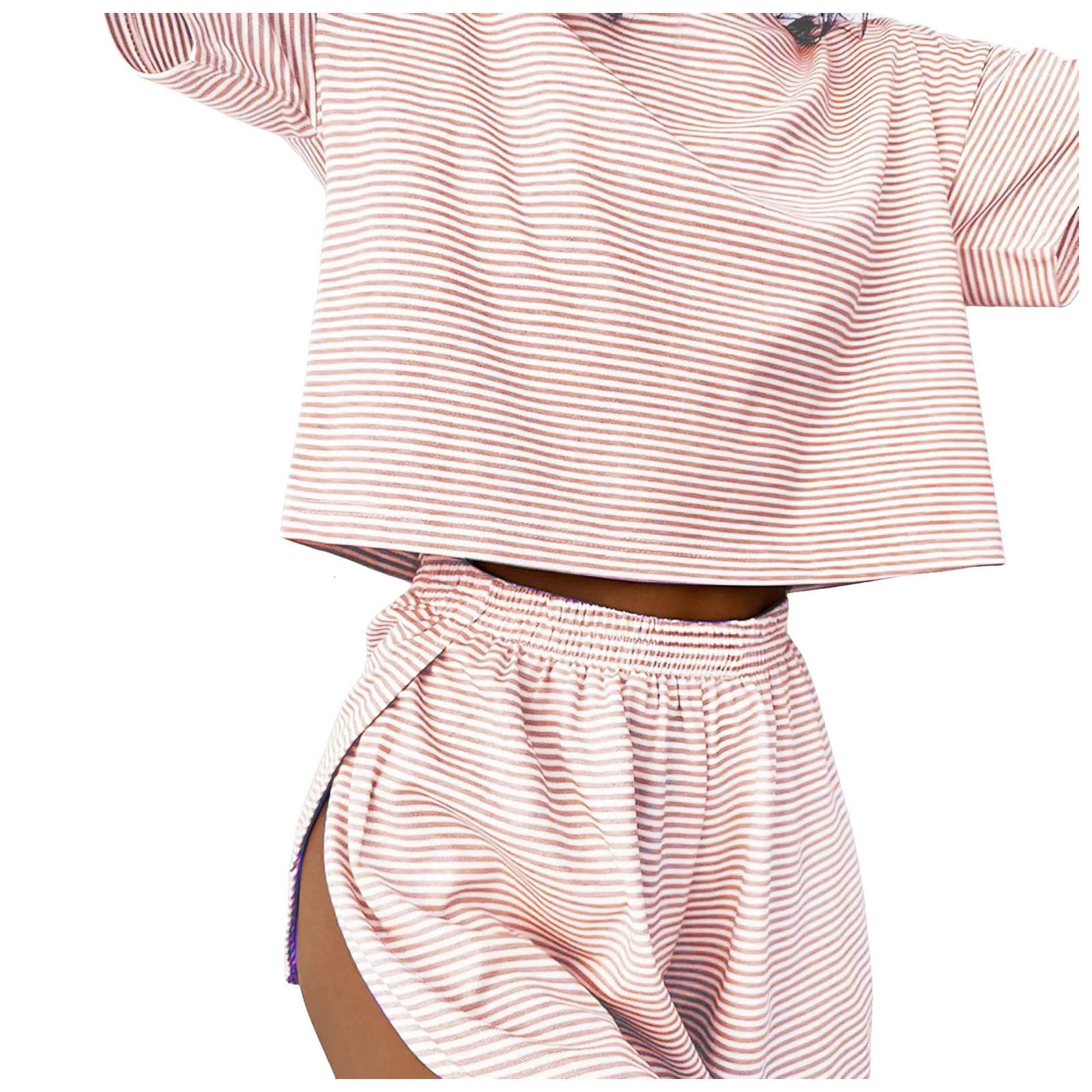 Womens striped pajamas set short sleeved Tshirt and 2piece womens home casual loose round neck 250313
