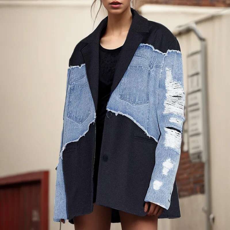 Women Denim Jeans Coats Suit Holes Loose Long Sleeves Y2k Streetwear Coat Color Blocking Jacket 2025 Spring Jackets Vintage