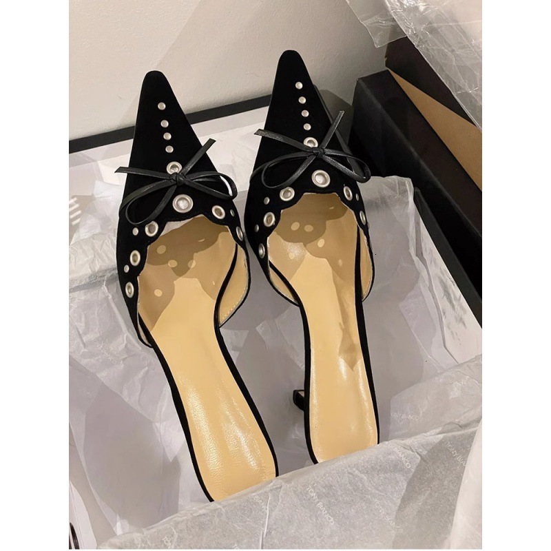 Women Bow Tie Heeled Mules Studs Pumps Pointy Kitten Heel Dress Heels Pointed Toe Dress Trendy Elegant Office Lady Shoes 250228