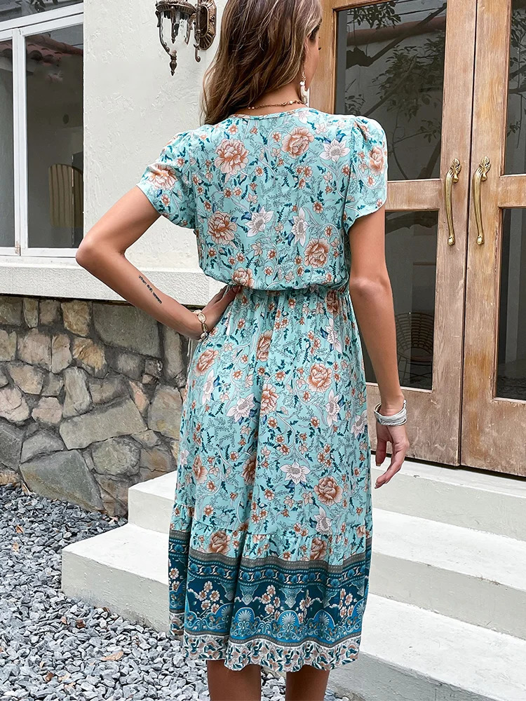 Green floral print Bohemian Midi summer dress for women elegant short sleeved petal dress party vacation beach clothing womens robe 250401
