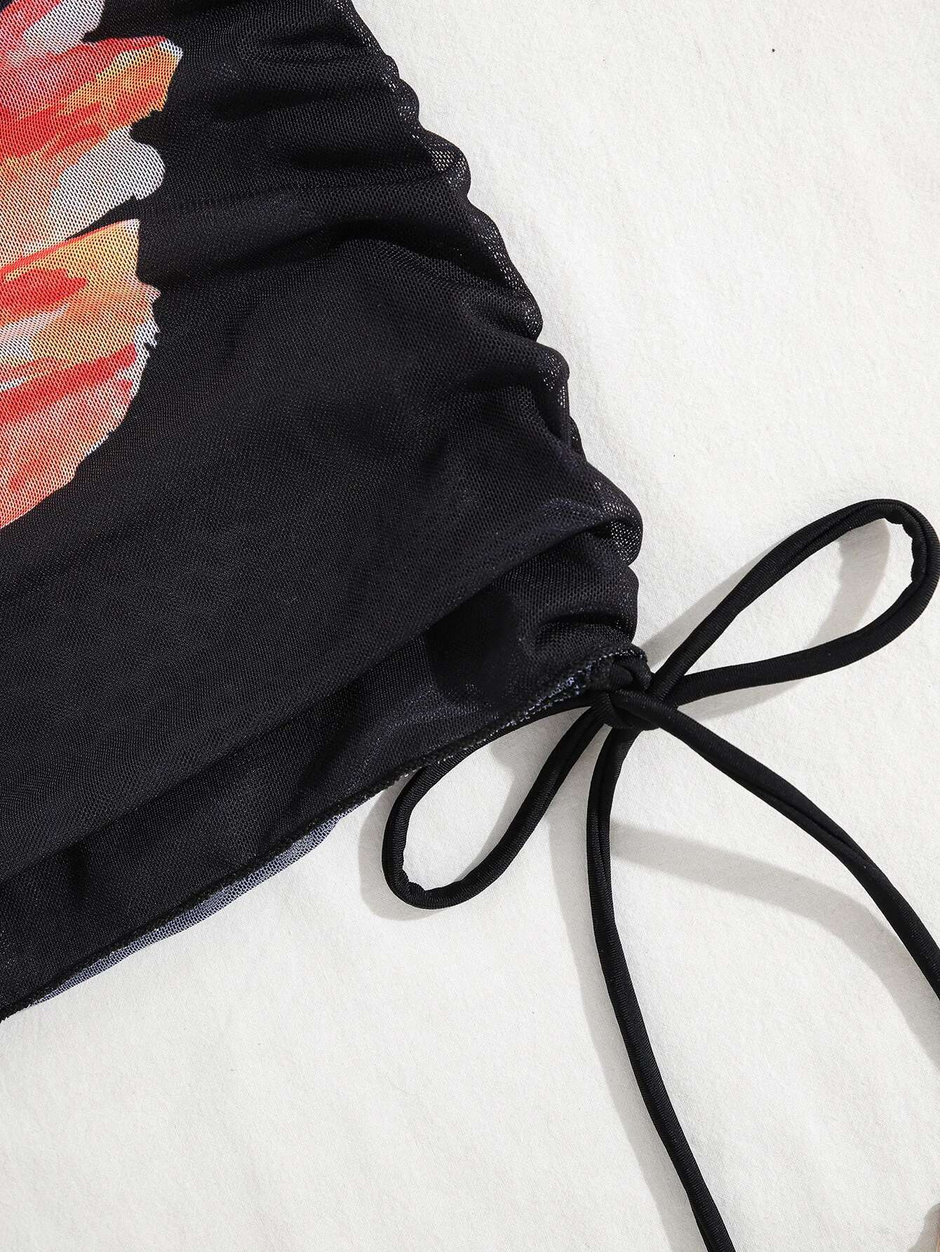 Dongdumaoyi Sexy Black Floral Print Bikini Set Women Drawstring Pleate Mesh Skirt Piece Swimsuit Summer Bathing Suit Holiday Swimwear