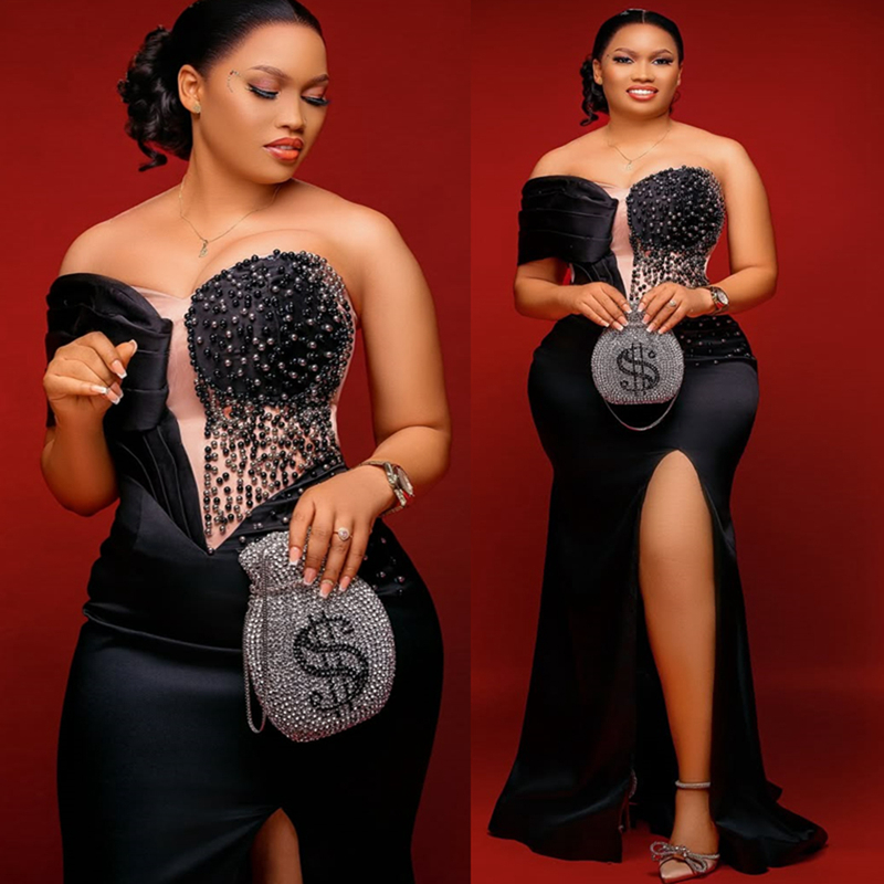 2025 Plus Size Black Prom Dress Mermaid Prom Dresses Evening Formal Gowns Sweetheart Side Split Beaded Lace For Black Women Birthday Second Reception 