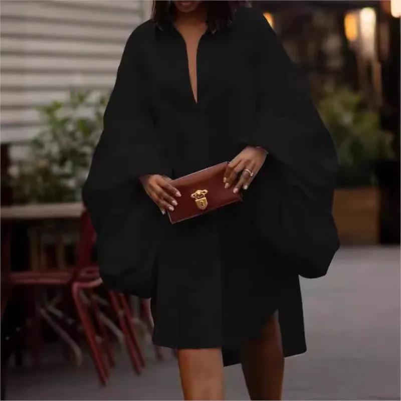 Womens fashionable Vneck solid color long sleeved dress womens loose short 250407