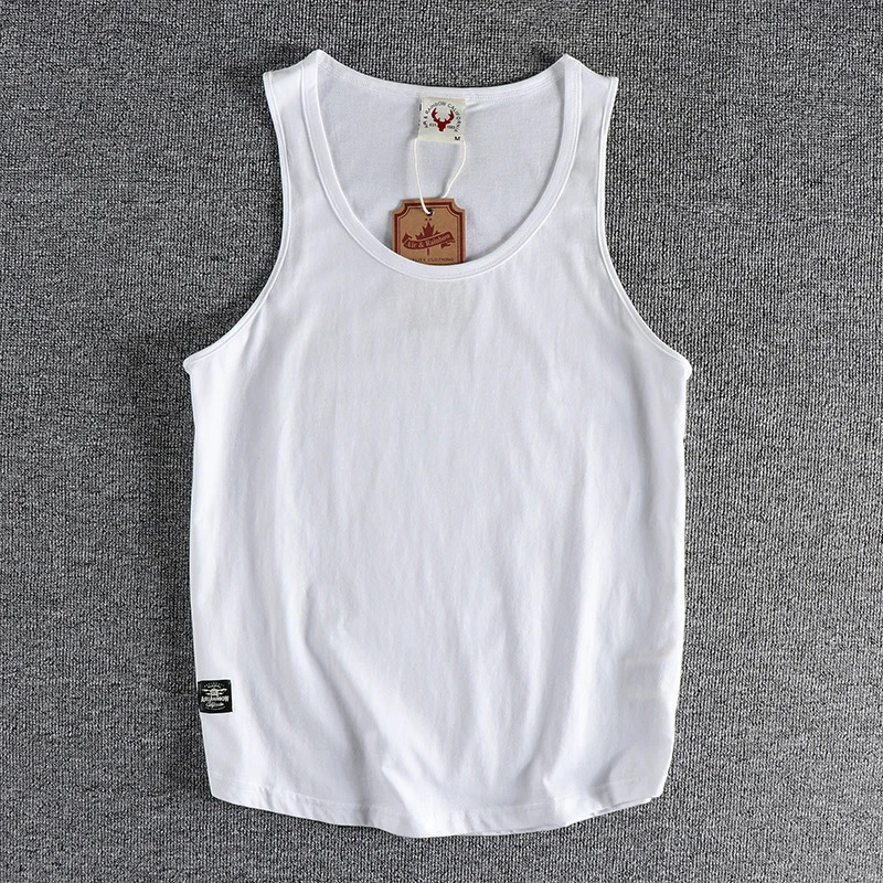 Summer American sleeveless O-neck solid color T-shirt mens fashion 100% pure cotton washing leisure sports fitness vest 250403