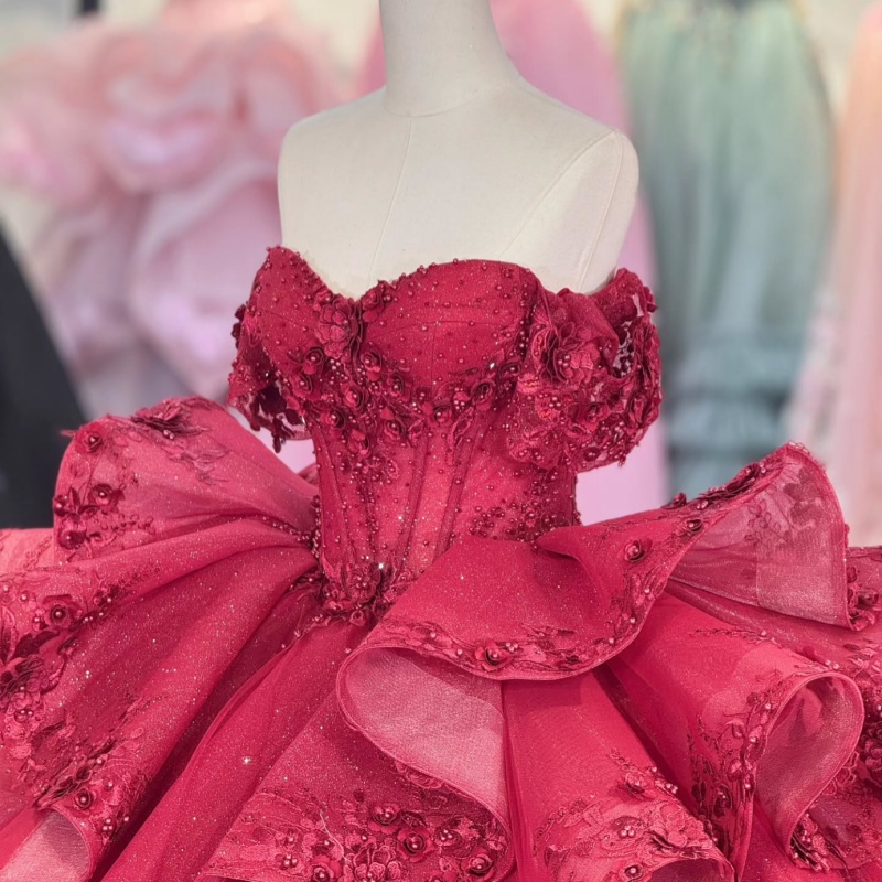 Red Shiny Princess Quinceanera Dresses Off Shoulder Applique Flower Beads Tiered Tull Sweet 16 Dress Ball Gown Vestidos 15 Anos