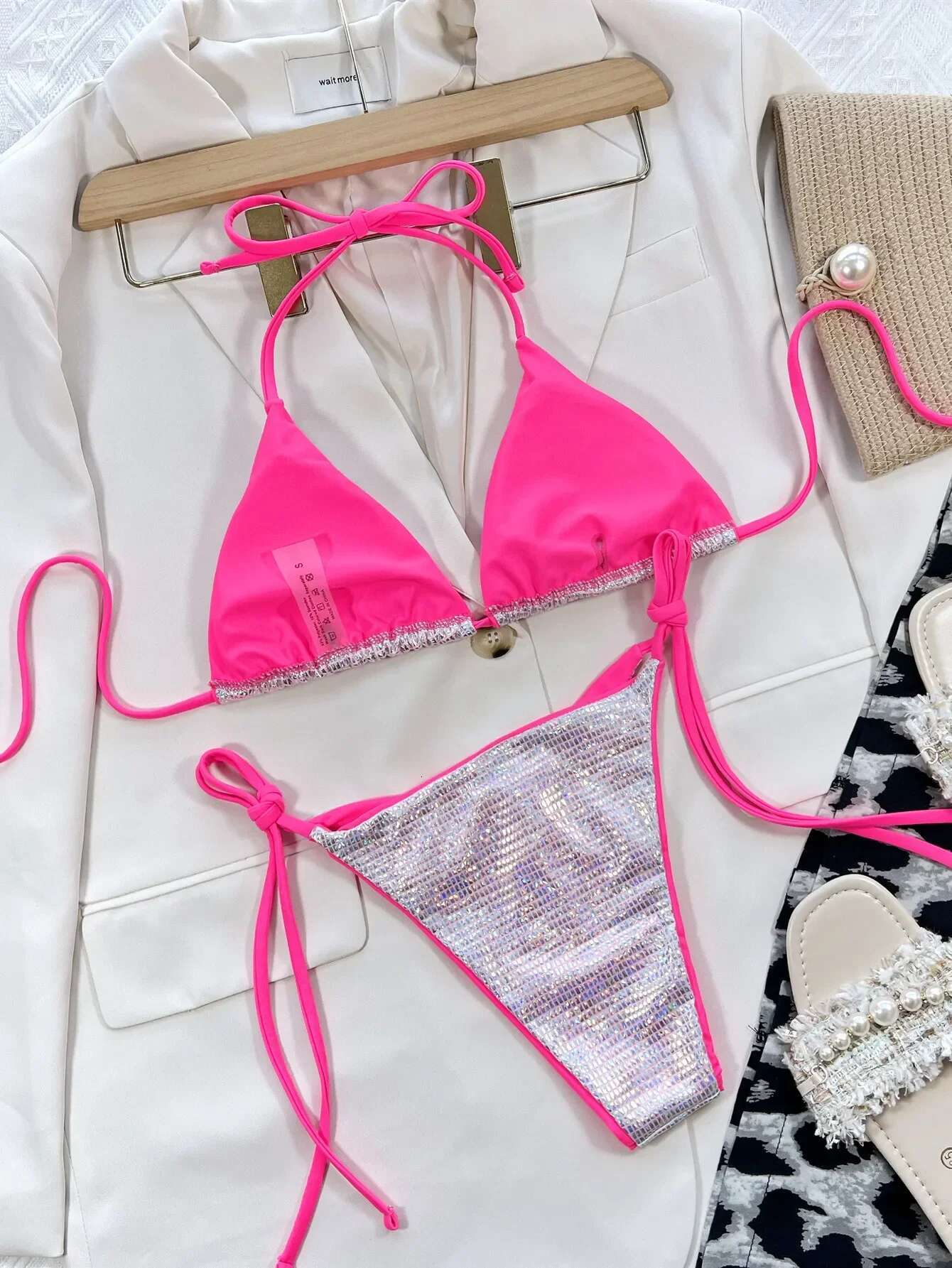 Dongdumaoyi Shiny White Patchwork Bikini Set Women Sequin Tie Side Thong Swimsuit Beach Bathing Suit Push Up Contrast Micro Swimwear