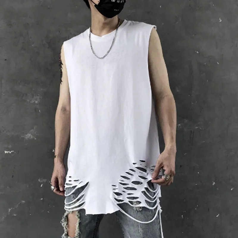 Mens summer ripped hole retro punk vest street hip-hop vest mens oversized vest sleeveless shirt 250403