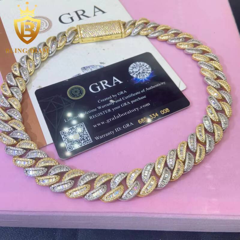 In Stock HipHop Style 15MM 925 Silver Moissanite Cuban Chain Pass Diamond Tester VVS Moissanite Necklace Chain Silver with GRA