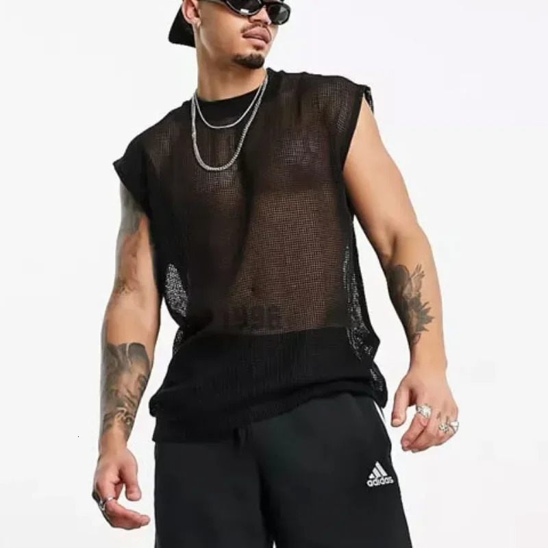Mens Hollow Loose T-shirt Black Mens Sports Perspective Tank Top Casual Sexy Tank Top Mens Evening Dress Club Dress 250403