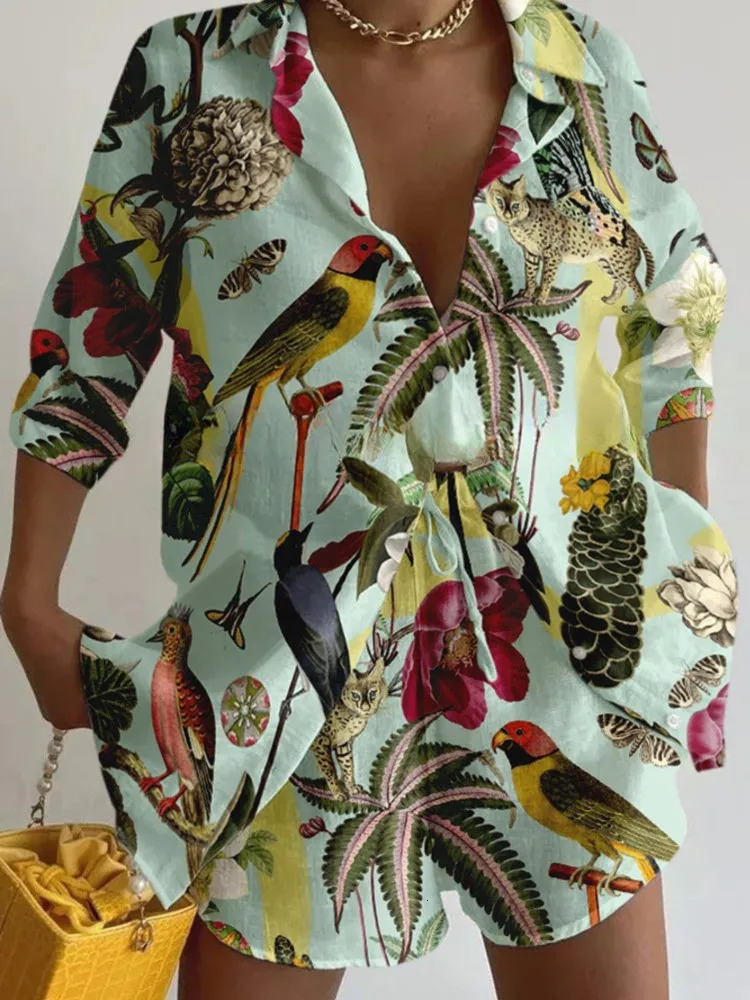 Short sleeved collar bohemian topshorts 2piece set for womens fashionable springsummer floral print seaside vacation women 250313