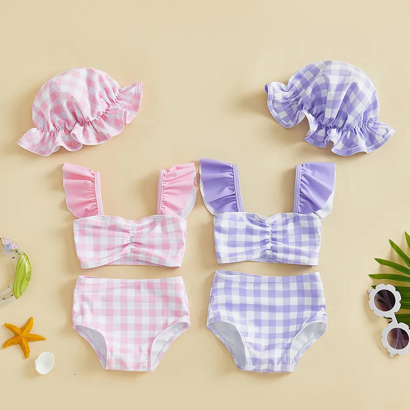 0-36months Toddler Girl Bikini Set Swimsuit Plaid Print Flutter Sleeves Tank Tops with Shorts and Hat Bathing Suit 250407